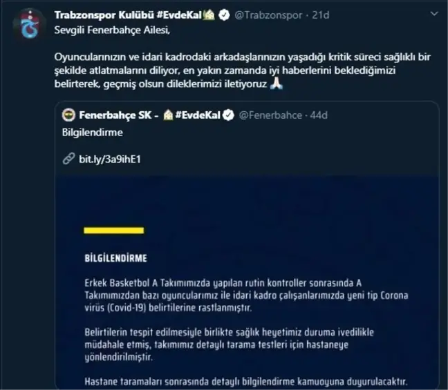 Trabzonspor'dan Fenerbahçe'ye geçmiş olsun mesajı