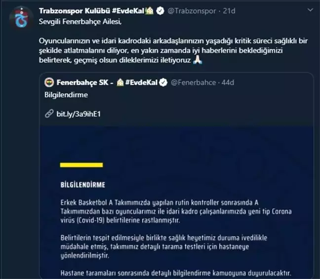 Trabzonspor'dan Fenerbahçe'ye geçmiş olsun mesajı