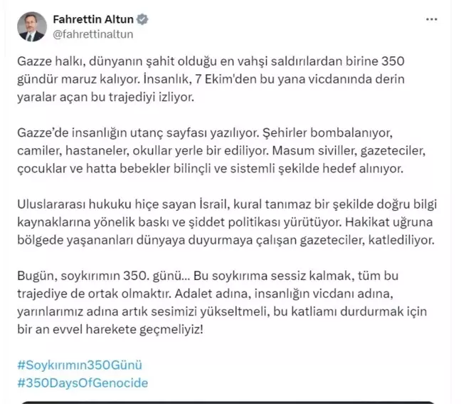 İletişim Başkanı Altun'dan Gazze'ye Yönelik Saldırılara Sert Tepki