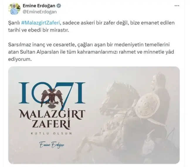 Emine Erdoğan, Malazgirt Zaferi'nin 953. yıl dönümünü kutladı