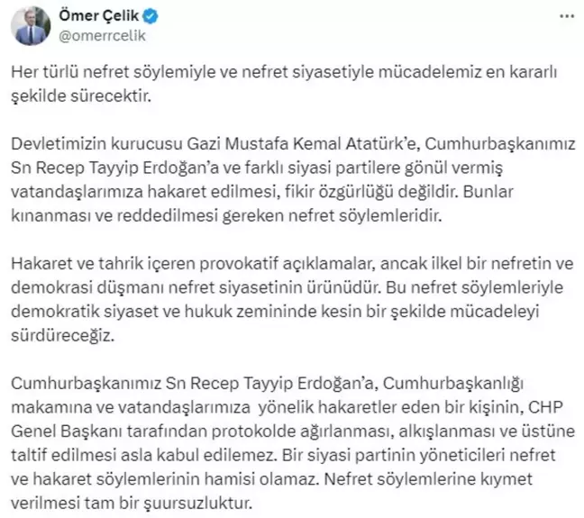 AK Parti Sözcüsü Çelik: CHP Genel Başkanı'nın Hakaret Eden Kişiyi Ağırlaması Kabul Edilemez