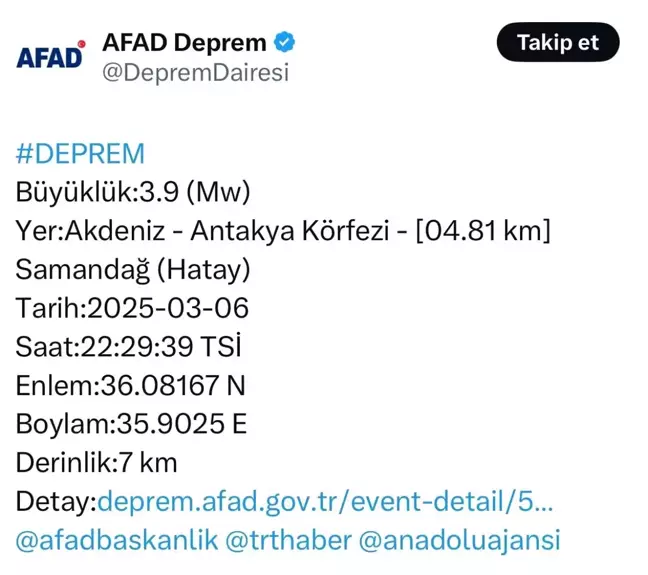 Hatay'da 3.9 Büyüklüğünde Deprem