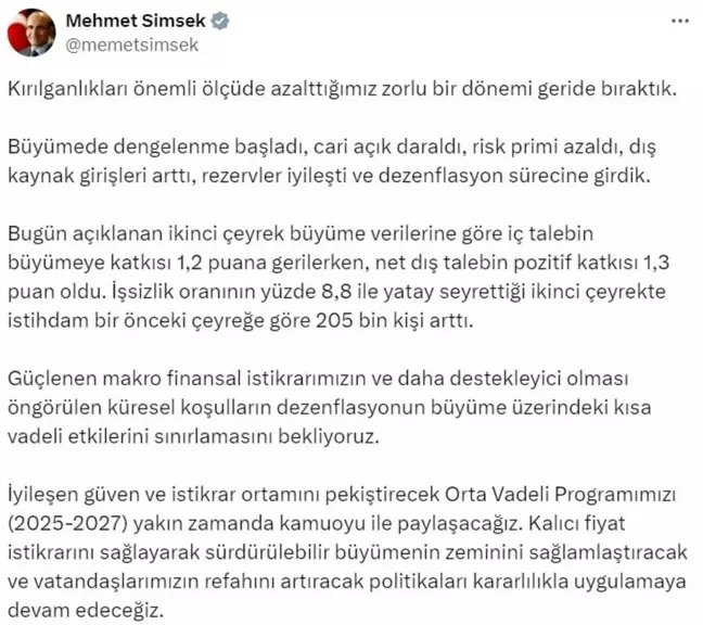 Hazine ve Maliye Bakanı Mehmet Şimşek'ten Ekonomi Açıklaması