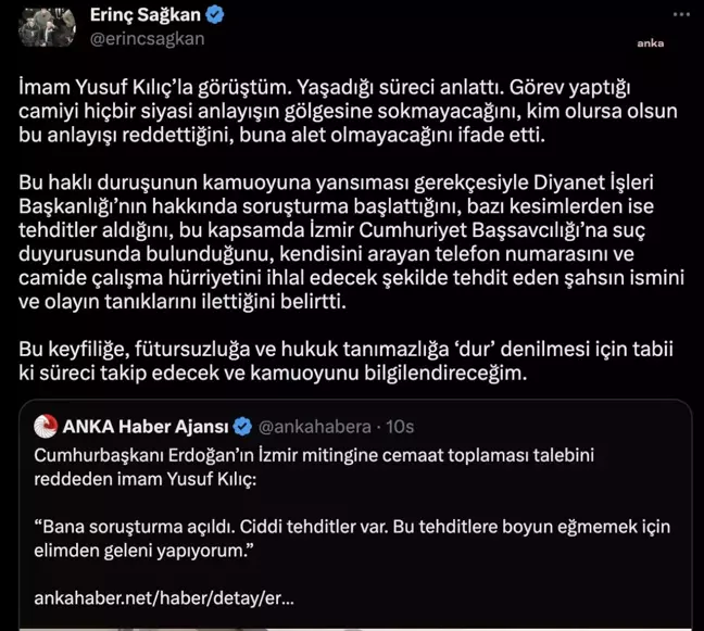 TBB Başkanı Erinç Sağkan, İmam Yusuf Kılıç ile Görüştü