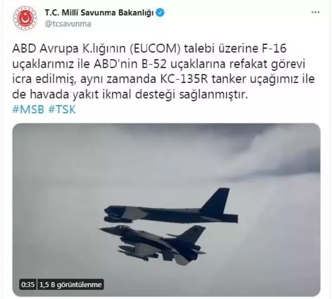 MSB: F-16 uçaklarımız ABD'nin B-52 uçaklarına refakat etti