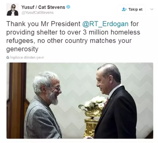 Yusuf İslam'dan Cumhurbaşkanı Erdoğan'a Teşekkür Paylaşımı