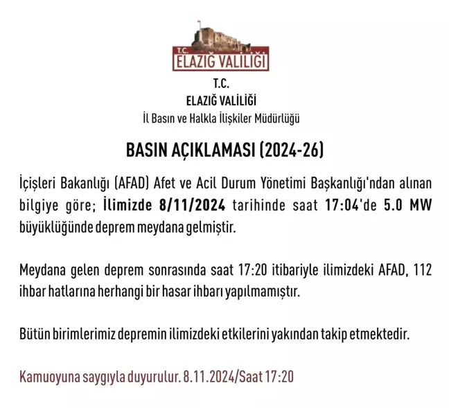 Elazığ'da 5.0 Büyüklüğünde Deprem, Hasar İhbari Yok