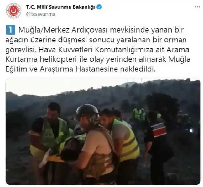 ÜZERİNE YANAN AĞAÇ DÜŞEN ORMAN GÖREVLİSİ, HAVA KUVVETLERİ'NE AİT HELİKOPTERLE HASTANEYE KALDIRILDI