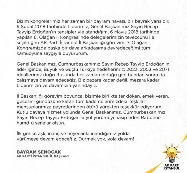 AK Parti İstanbul İl Başkanı Bayram Şenocak yeniden aday olmayacağını açıkladı