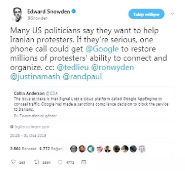 Snowden: ABD Ciddiyse Google'a Bir Telefonla İranlı Göstericilere Destek Olabilir