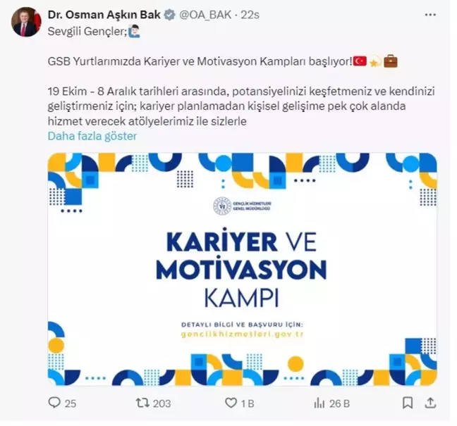 Gençlik ve Spor Bakanlığı'ndan Kariyer ve Motivasyon Kampları Daveti