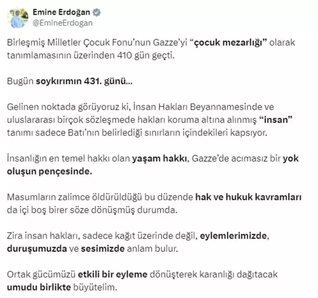 Emine Erdoğan'dan '10 Aralık Dünya İnsan Hakları Günü' paylaşımı