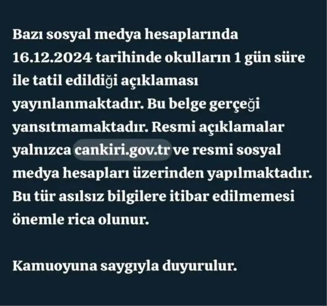 Çankırı Valiliği'nden Tatil İddialarına Yalanlama