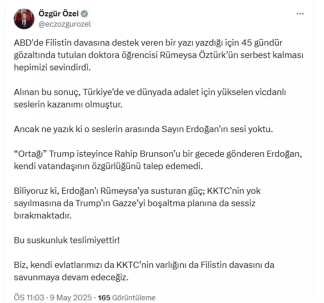 CHP Lideri Özgür Özel, Rümeysa Öztürk'ün Serbest Kalmasını Sevinçle Karşıladı