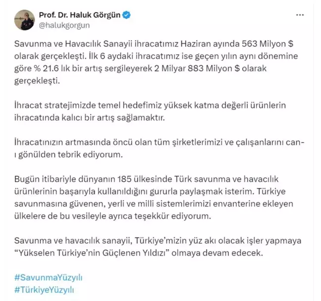 Savunma ve Havacılık Sanayii İhracatı Haziran Ayında 563 Milyon Dolar Oldu