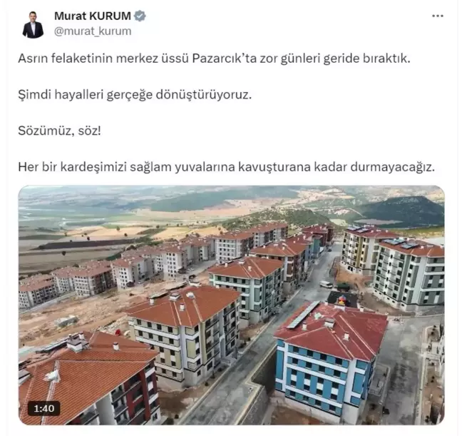 Bakan Kurum, Kahramanmaraş'taki Deprem Konutlarını Paylaştı