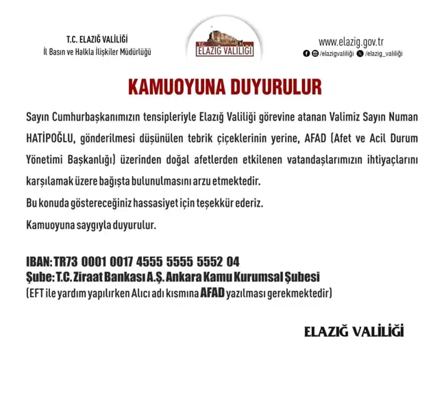 Elazığ Valisi Numan Hatipoğlu, tebrik çiçeği yerine depremzedelere yardım çağrısı yaptı