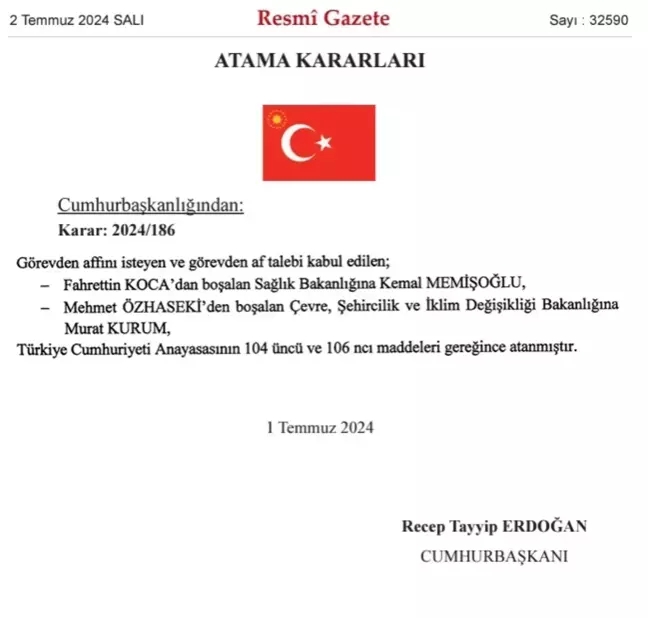 Murat Kurum Sağlık Bakanlığına, Kemal Memişoğlu Çevre Bakanlığına atandı