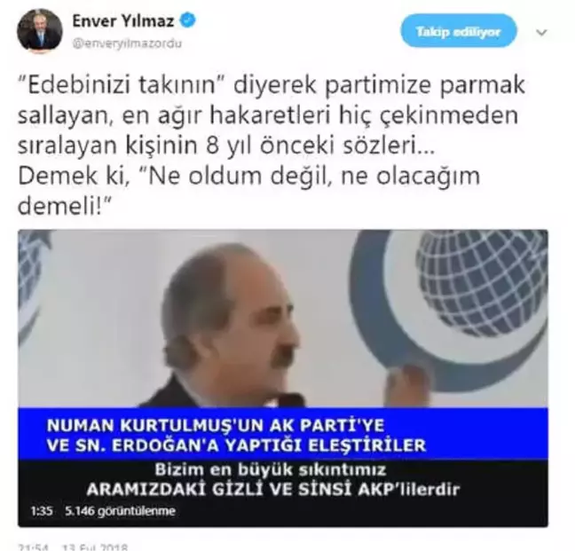 Ordu Büyükşehir Belediye Başkanı Yılmaz'dan Kurtulmuş'a Ağır Sözler