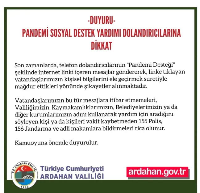Valilik 'pandemi sosyal destek yardımı' dolandırıcılarına karşı uyardı