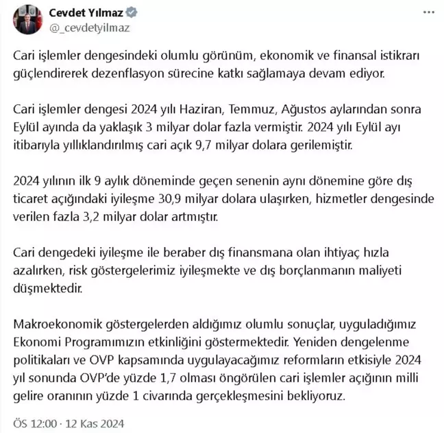 Cumhurbaşkanı Yardımcısı Yılmaz, Cari İşlemler Açığını Yüzde 1 Bekliyor