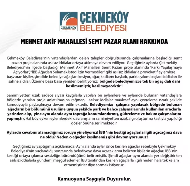 Çekmeköy Belediyesinden 'ağaçlar kesiliyor' iddialarına yalanlama