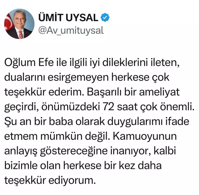 Başkan Uysal, Oğlu E.U.'nun Sağlık Durumu Hakkında Açıklama Yaptı