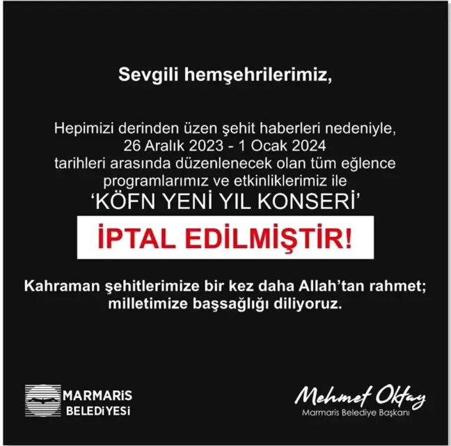 Marmaris Belediyesi Şehitler Anısına Etkinlikleri İptal Etti
