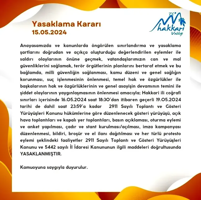 Hakkari'de Eylem ve Etkinlikler Yasaklandı