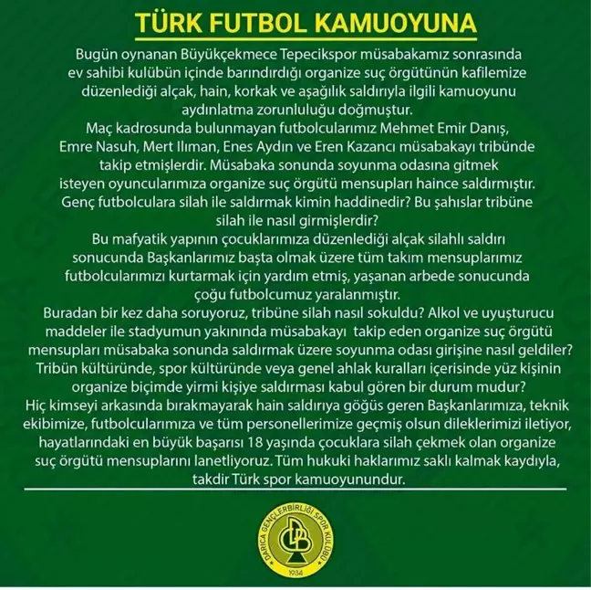 Büyükçekmece-Darıca Gençlerbirliği Maçında Silahlı Saldırı İddiası