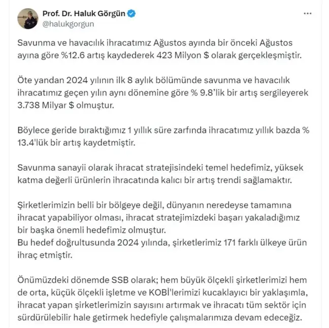 Savunma ve Havacılık İhracatı Ağustos Ayında 423 Milyon Doları Buldu