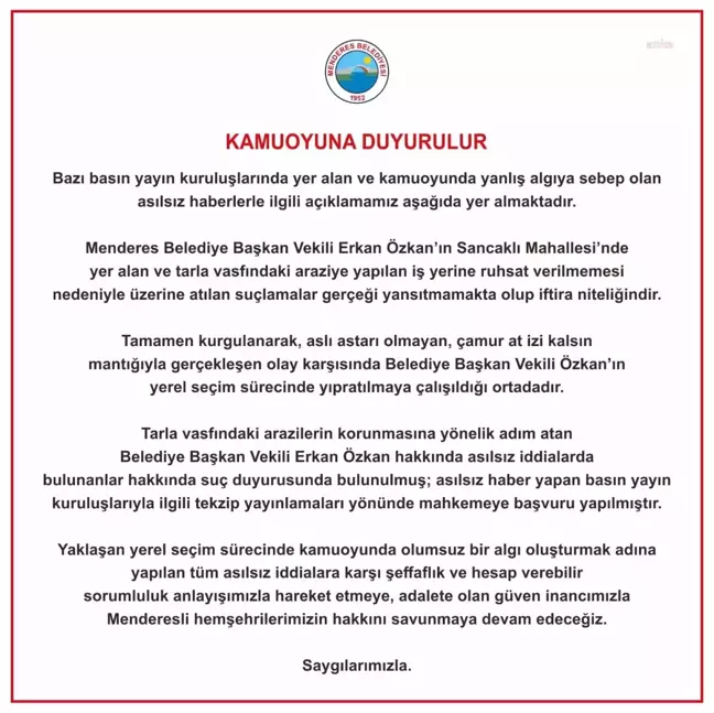 Menderes Belediyesi İddialara Yanıt Verdi