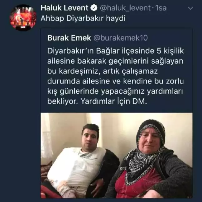 Haluk Levent, Konser Gelirini Diyarbakırlı İki Aileye Bağışlayacak