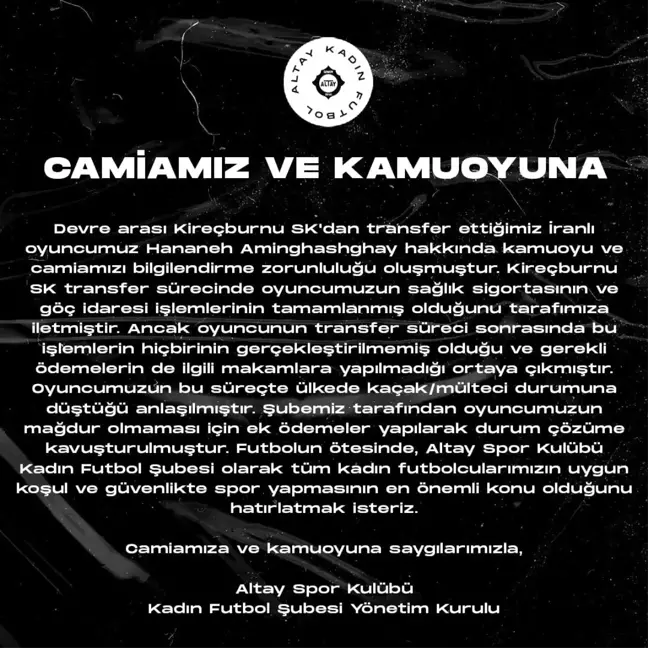 Altay'ın İranlı kadın futbolcusu kaçak/mülteci durumuna düştü