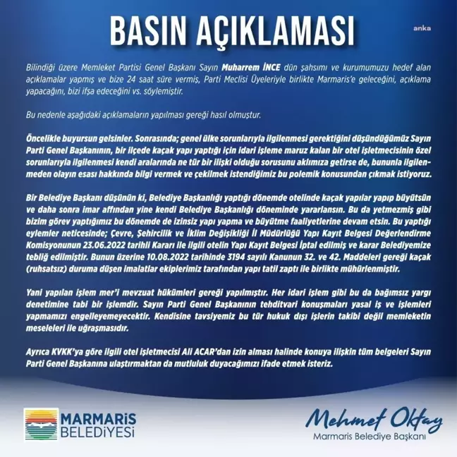 Muğla yerel haberi: Marmaris Belediye Başkanı Oktay'dan Muharrem İnce'ye Yanıt: