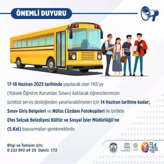 Efes Selçuk Belediyesi'nden Yks'ye Girecek Öğrencilere Ulaşım Desteği