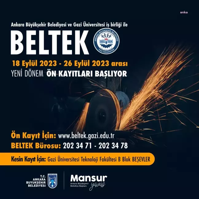 Ankara Büyükşehir Belediyesi ve Gazi Üniversitesi BELTEK Kurslarına Ön Kayıtlar Başlıyor