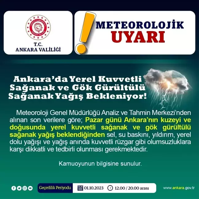 Ankara Valiliği'nden Sağanak Yağış Uyarısı