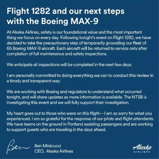 Alaska Havayolları, Boeing 737 Max 9 Uçaklarını Geçici Olarak Yere İndirdi