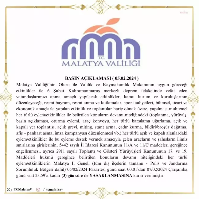 Malatya Valiliği, 6 Şubat Depremleri Anma Etkinliklerini Yasakladı