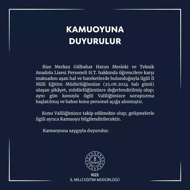 Rize'de Kız Meslek Lisesinde Görevli Memur Maksadını Aşan Hareketlerle İlgili Soruşturma Başlatıldı