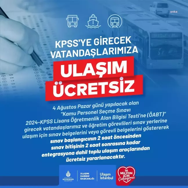 KPSS Lisans Öğretmenlik Alan Bilgi Testi (ÖABT) Sınavına İstanbul'da Ücretsiz Ulaşım