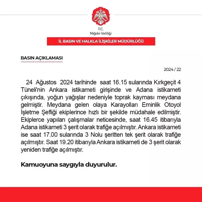 Niğde Valiliği'nden Ulaşım Aksaklığı Açıklaması