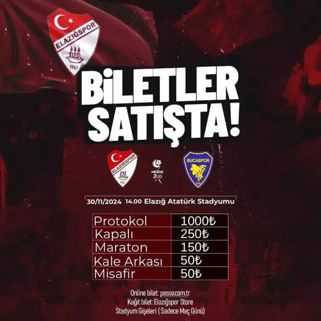 Elazığspor, Bucaspor 1928 Maçının Biletlerini Satışa Sundı