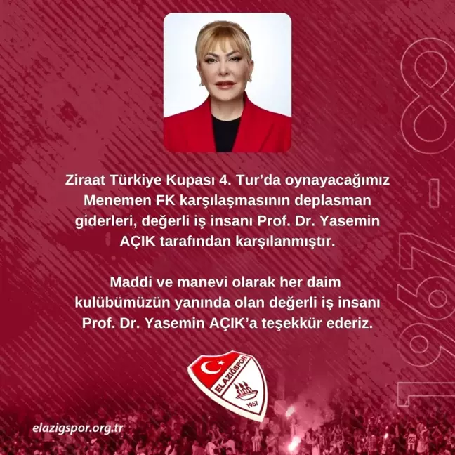 Elazığspor'un Deplasman Giderleri Prof. Dr. Yasemin Açık Tarafından Karşılandı