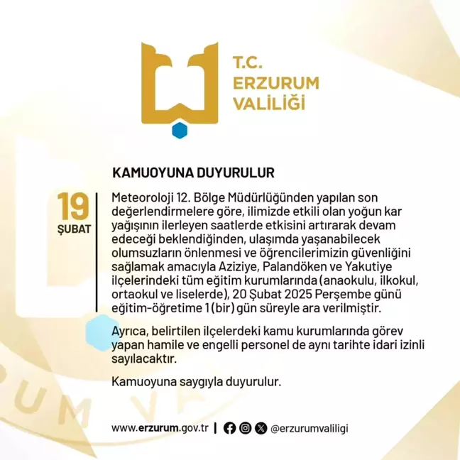 Erzurum'da Yoğun Kar Yağışı Nedeniyle Eğitime Ara Verildi