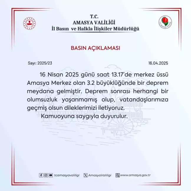Amasya'da 3.2 Büyüklüğünde Deprem Meydana Geldi