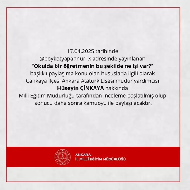 Ankara'da Okul Müdür Yardımcısına İnceleme Başlatıldı