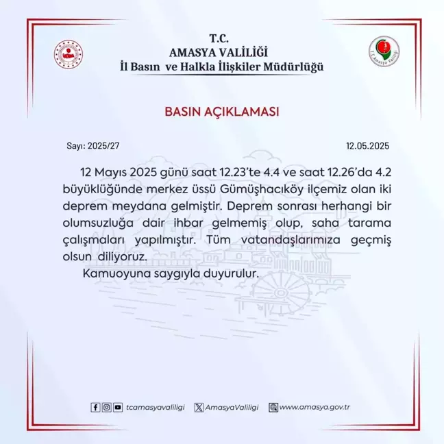 Amasya'da 4.4 ve 4.2 Büyüklüğünde İki Deprem