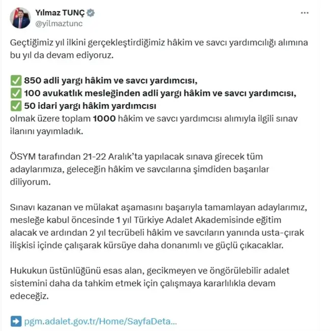 1000 Hakim ve Savcı Yardımcısı Alımı İçin Sınav İlanı Yaymlandı